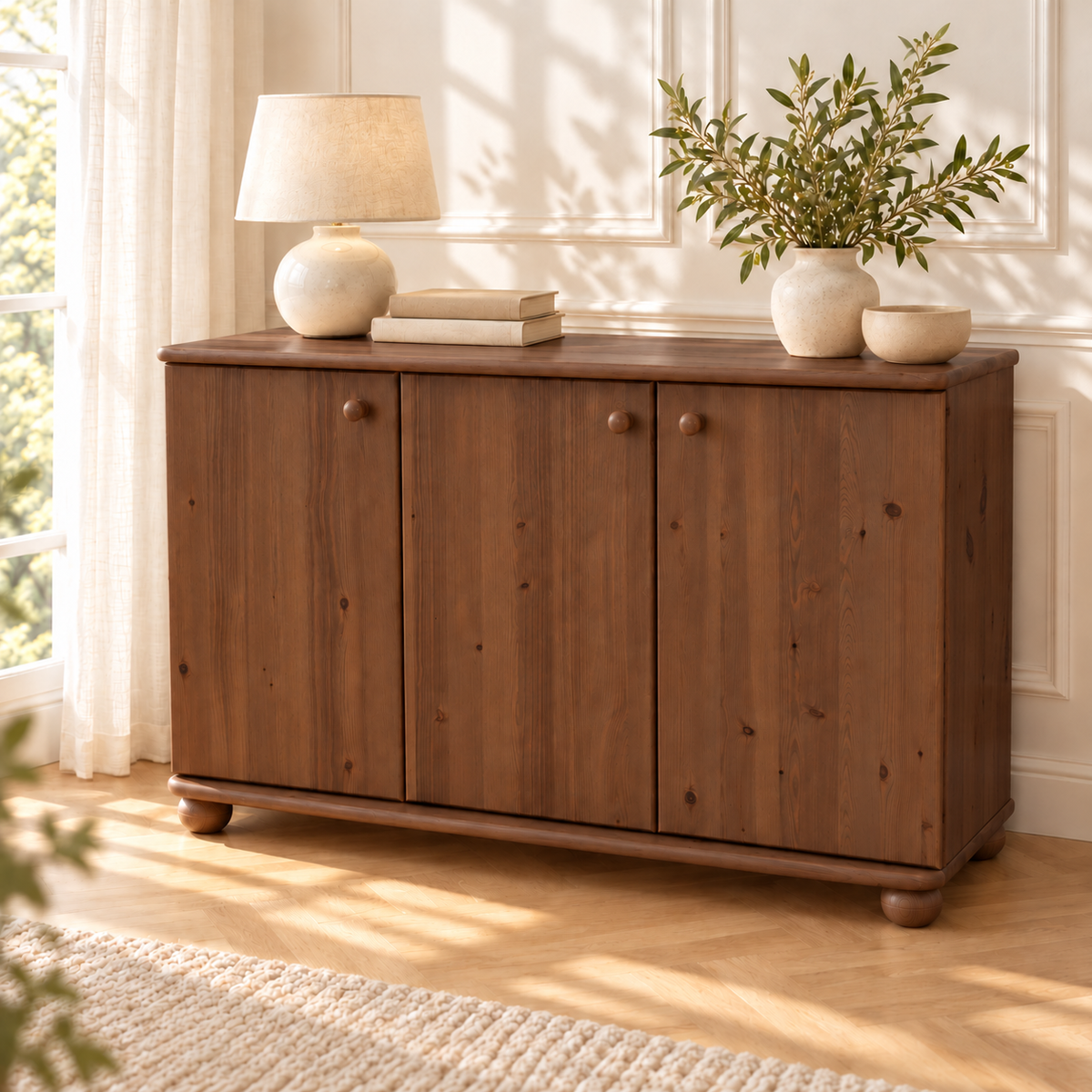 Claudia Kommode Bio Kiefer Massivholz | 3-Türig Sideboard mit 4-Regalfächern
