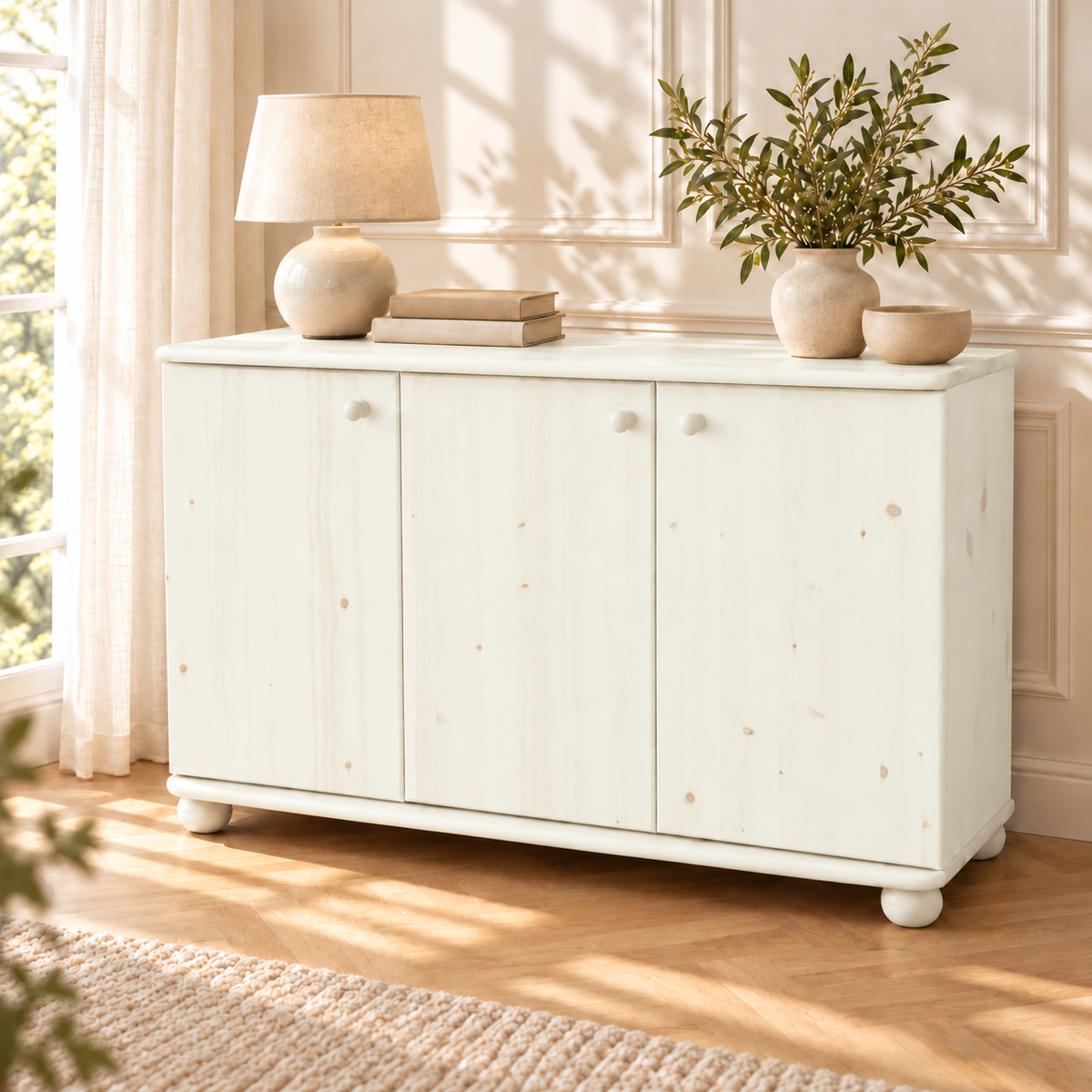 Claudia Kommode Bio Kiefer Massivholz | 3-Türig Sideboard mit 4-Regalfächern