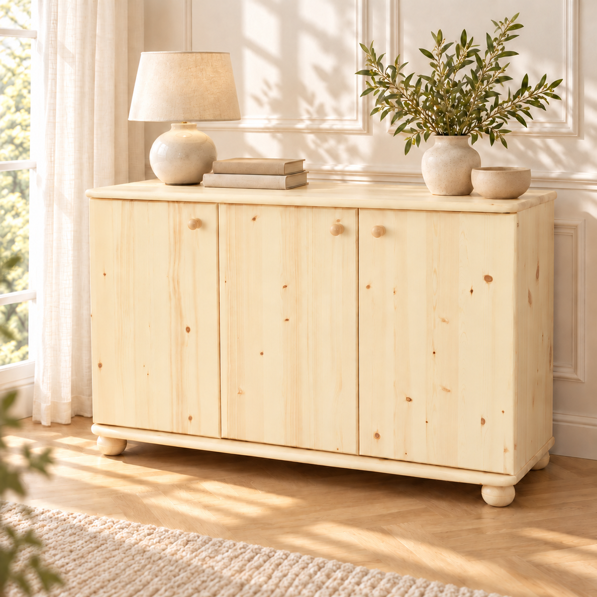 Claudia Kommode Bio Kiefer Massivholz | 3-Türig Sideboard mit 4-Regalfächern