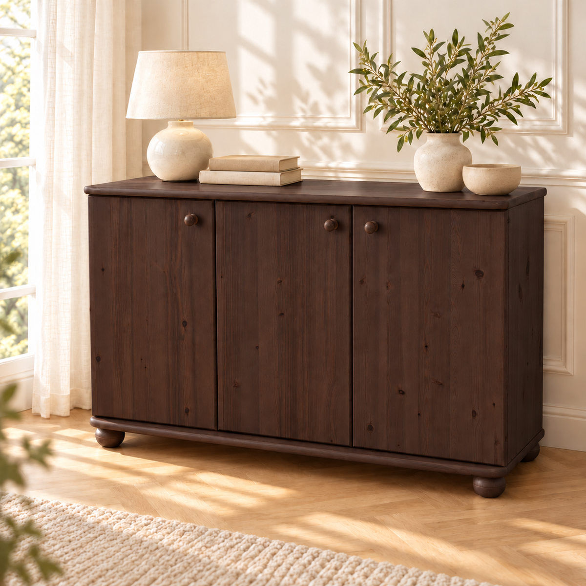 Claudia Kommode Bio Kiefer Massivholz | 3-Türig Sideboard mit 4-Regalfächern