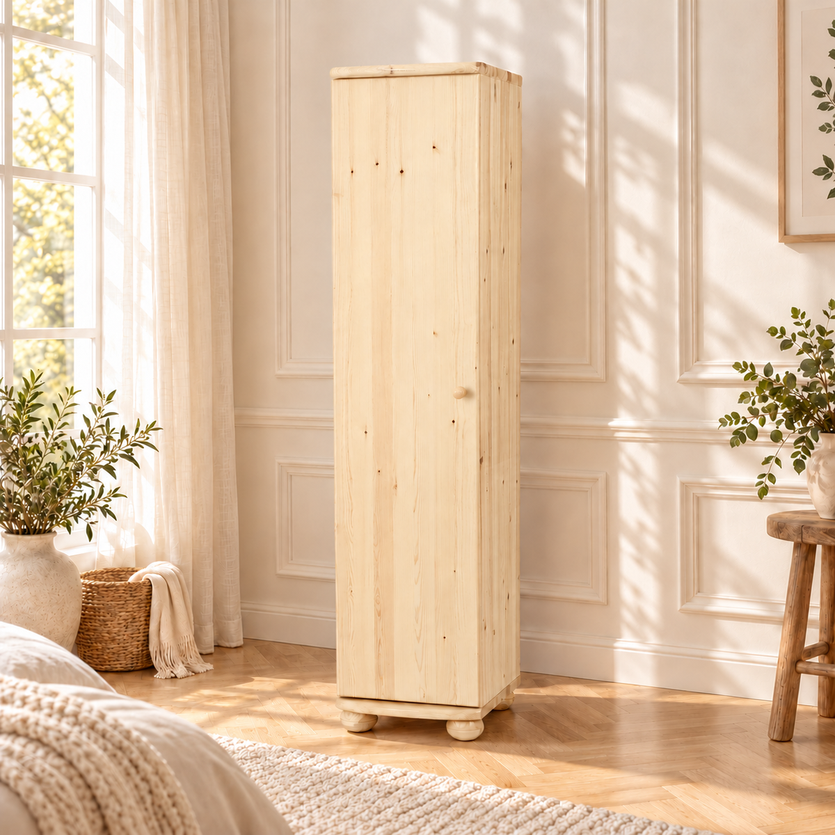 Claudia Kleiderschrank Bio Kiefer 45 cm Tiefe | 1-Türig mit 4 Regalen aus 100% Massivholz