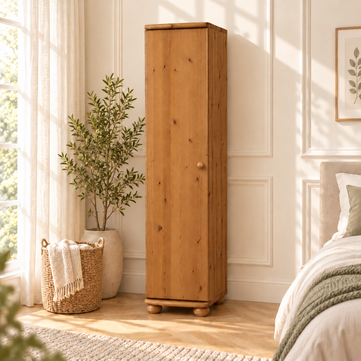 Claudia Kleiderschrank Bio Kiefer 62cm Tiefe | 1-Türig mit 4 Regalen aus 100% Massivholz