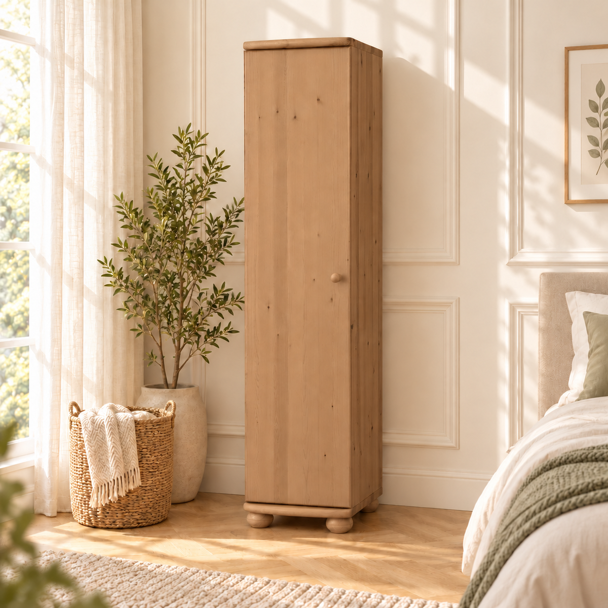 Claudia Kleiderschrank Bio Kiefer 62cm Tiefe | 1-Türig mit 4 Regalen aus 100% Massivholz