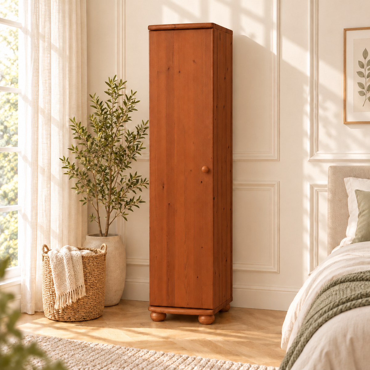 Claudia Kleiderschrank Bio Kiefer 62cm Tiefe | 1-Türig mit 4 Regalen aus 100% Massivholz