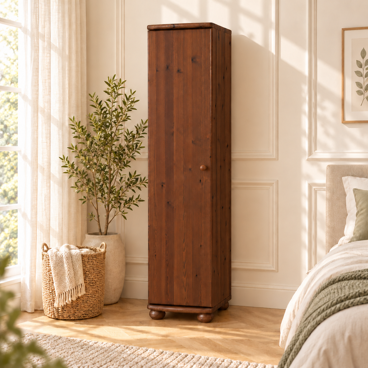 Claudia Kleiderschrank Bio Kiefer 62cm Tiefe | 1-Türig mit 4 Regalen aus 100% Massivholz