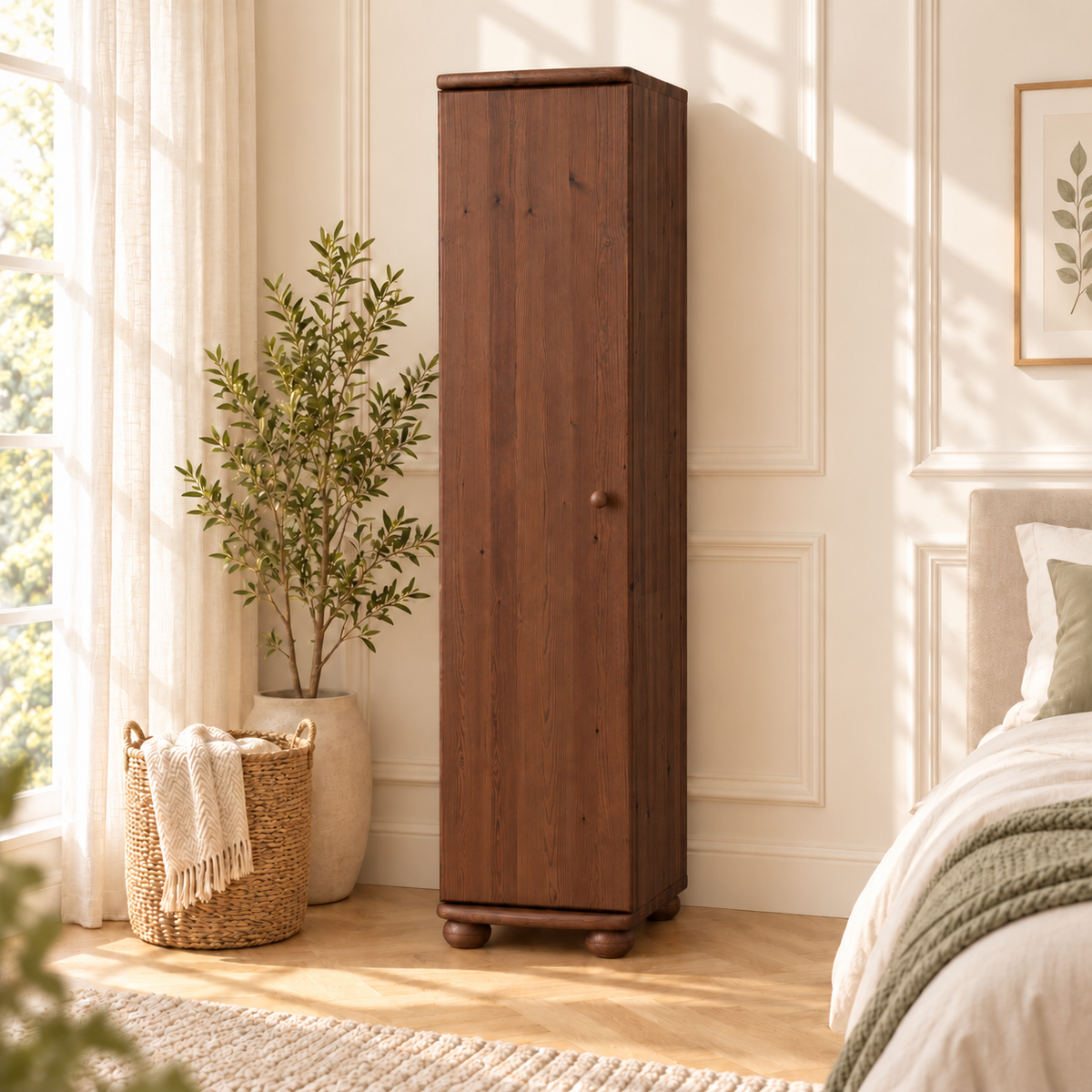 Claudia Kleiderschrank Bio Kiefer 62cm Tiefe | 1-Türig mit 4 Regalen aus 100% Massivholz