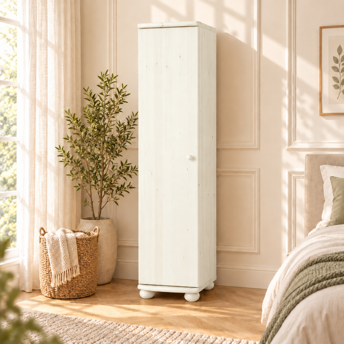 Claudia Kleiderschrank Bio Kiefer 62cm Tiefe | 1-Türig mit 4 Regalen aus 100% Massivholz