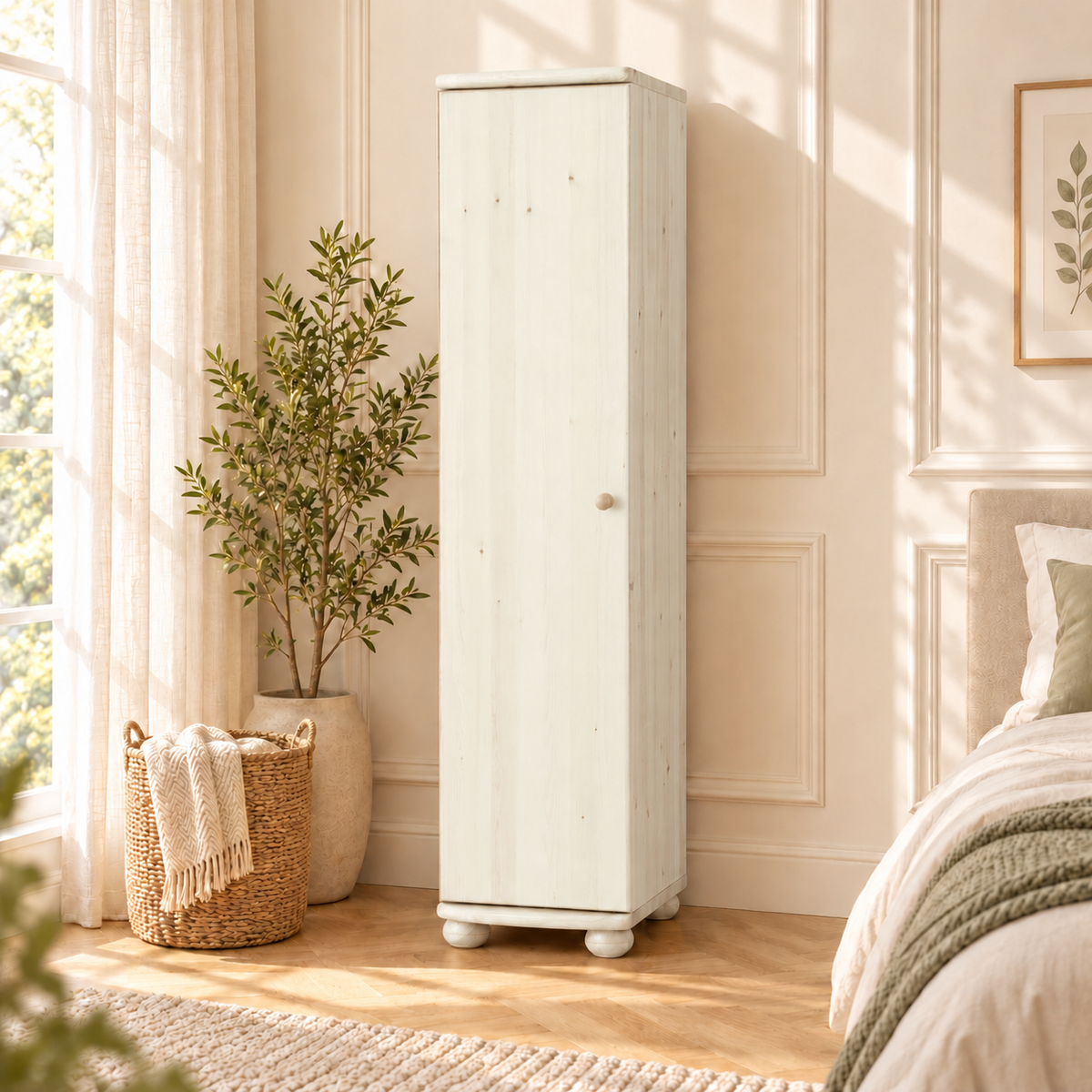 Claudia Kleiderschrank Bio Kiefer 62cm Tiefe | 1-Türig mit 4 Regalen aus 100% Massivholz