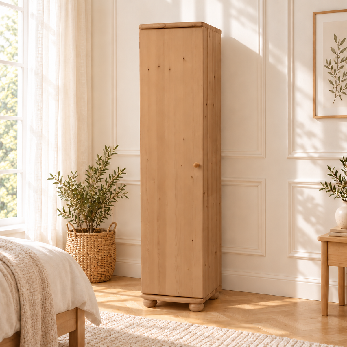Claudia Kleiderschrank Bio Kiefer 62cm Tiefe | 1-Türig mit Kleiderstange aus 100% massivem Holz