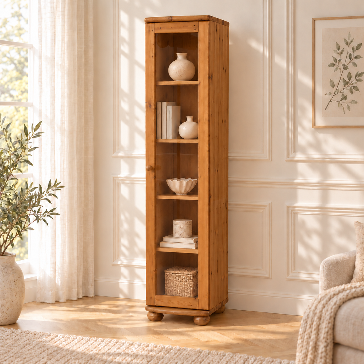 Claudia Vitrine Bio Kiefer Massivholz | 1-Türig mit 4 Regalen aus 100% Naturmaterial