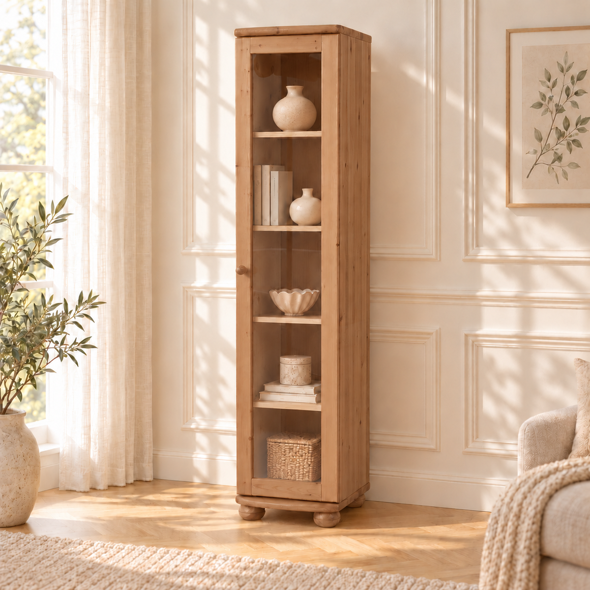 Claudia Vitrine Bio Kiefer Massivholz | 1-Türig mit 4 Regalen aus 100% Naturmaterial