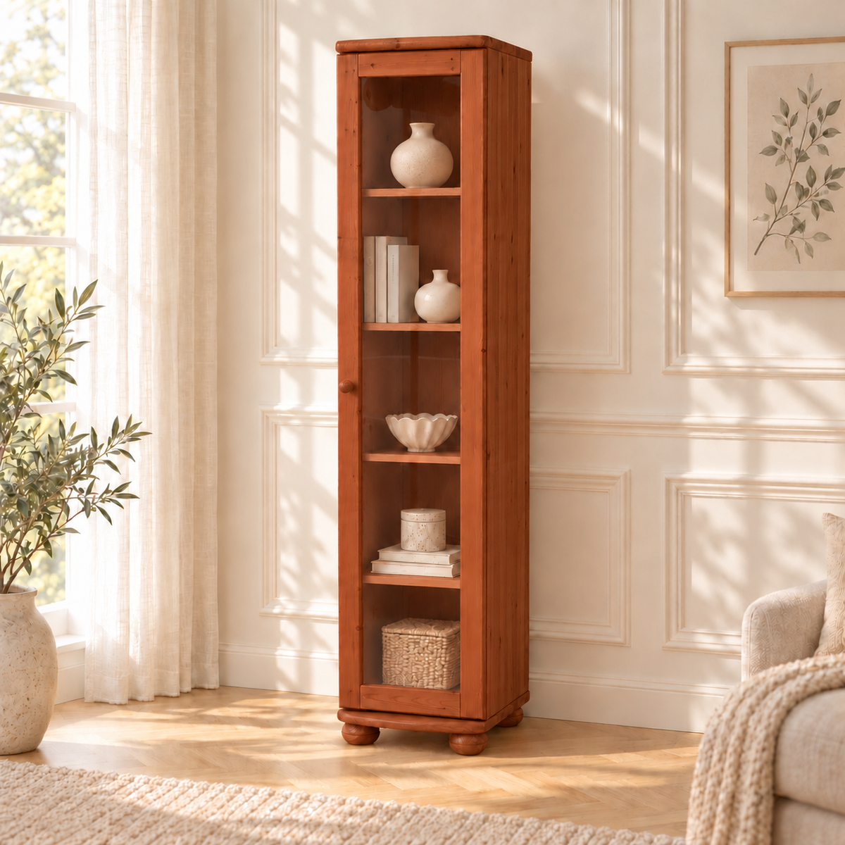 Claudia Vitrine Bio Kiefer Massivholz | 1-Türig mit 4 Regalen aus 100% Naturmaterial