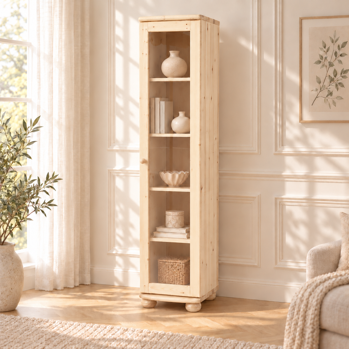 Claudia Vitrine Bio Kiefer Massivholz | 1-Türig mit 4 Regalen aus 100% Naturmaterial