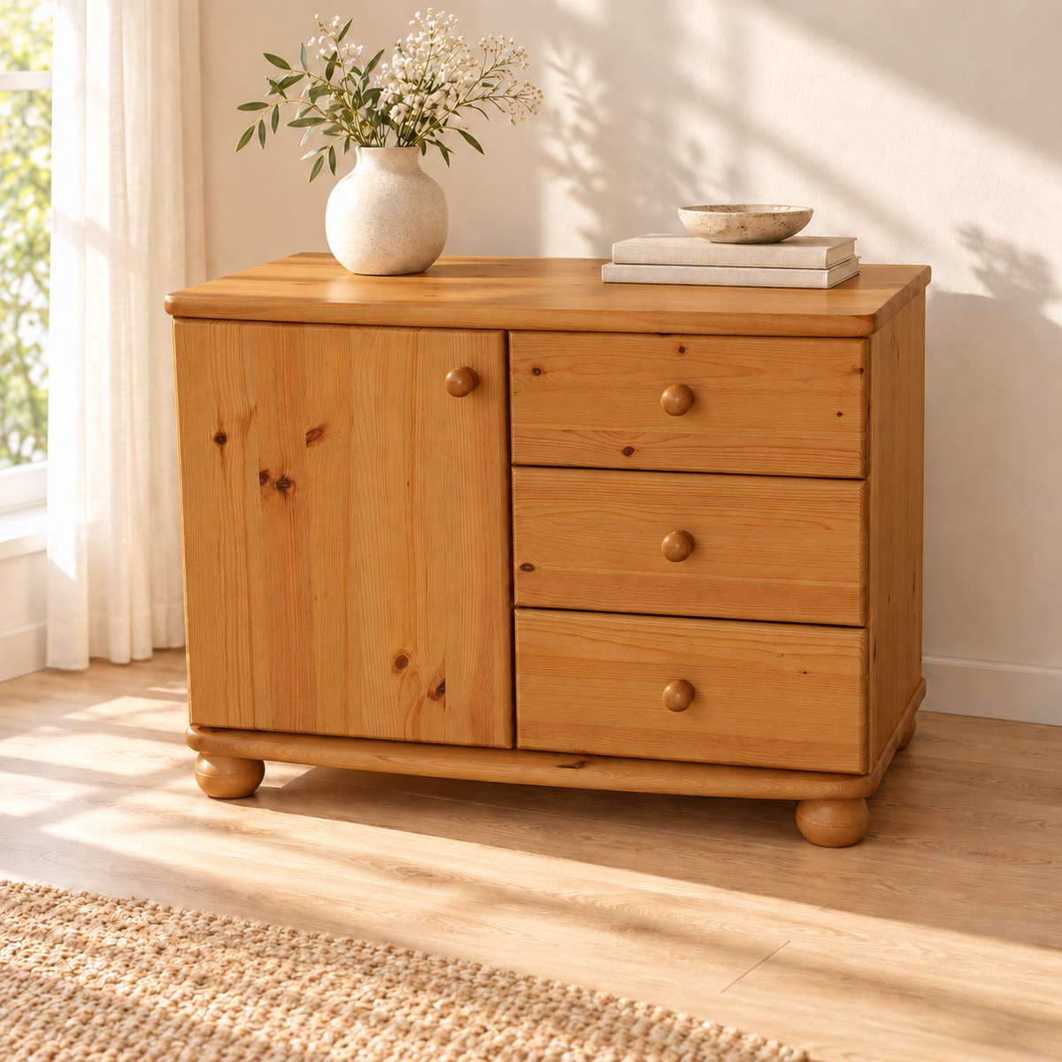 Eva Kommode Sideboard | Anrichte | 1-Türig 3-Schubladen | 100% Bio Massivholz
