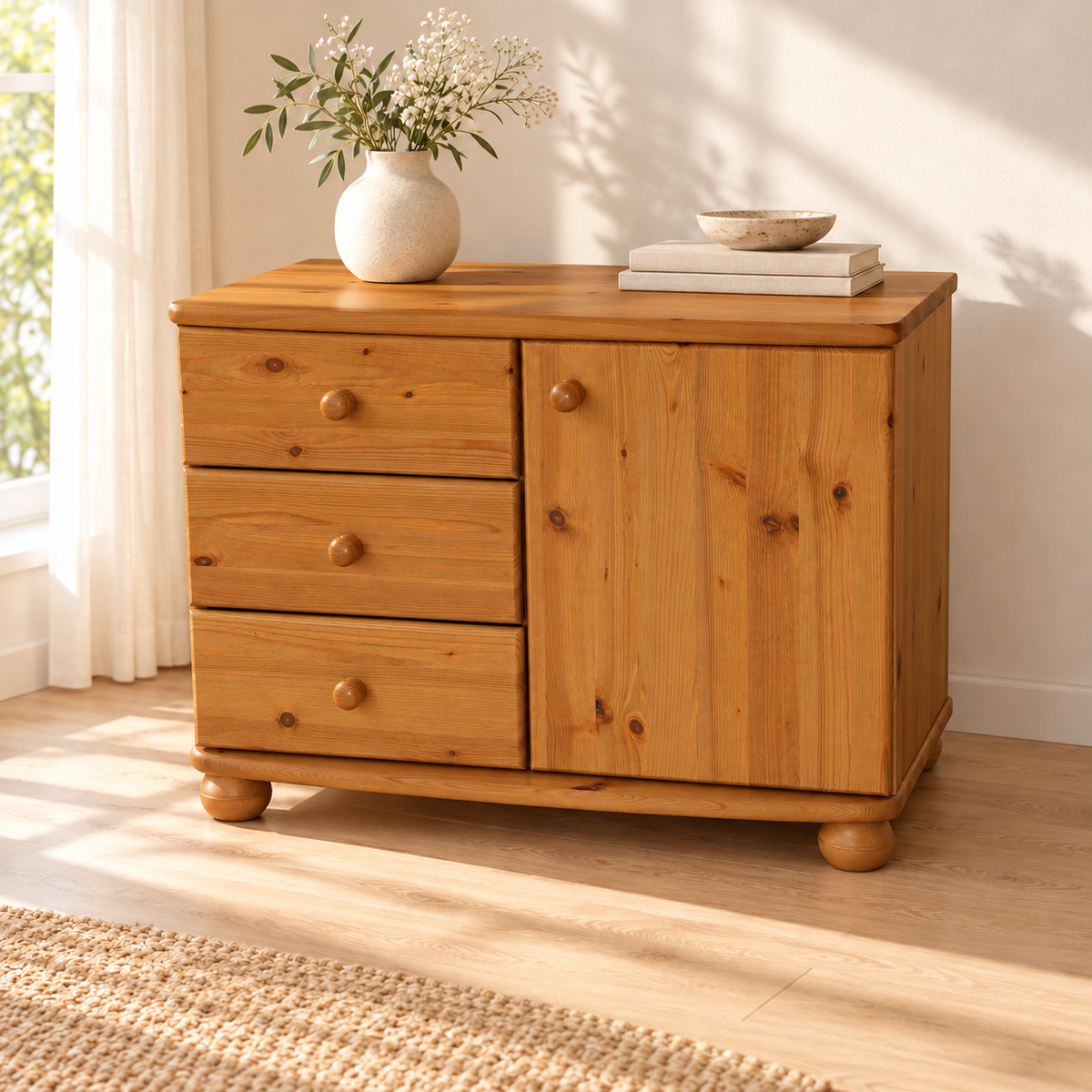 Eva Kommode Sideboard | Anrichte | 1-Türig 3-Schubladen | 100% Bio Massivholz