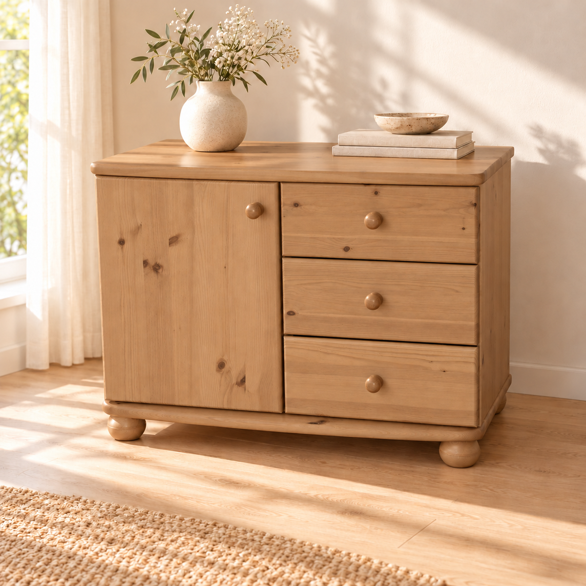 Eva Kommode Sideboard | Anrichte | 1-Türig 3-Schubladen | 100% Bio Massivholz