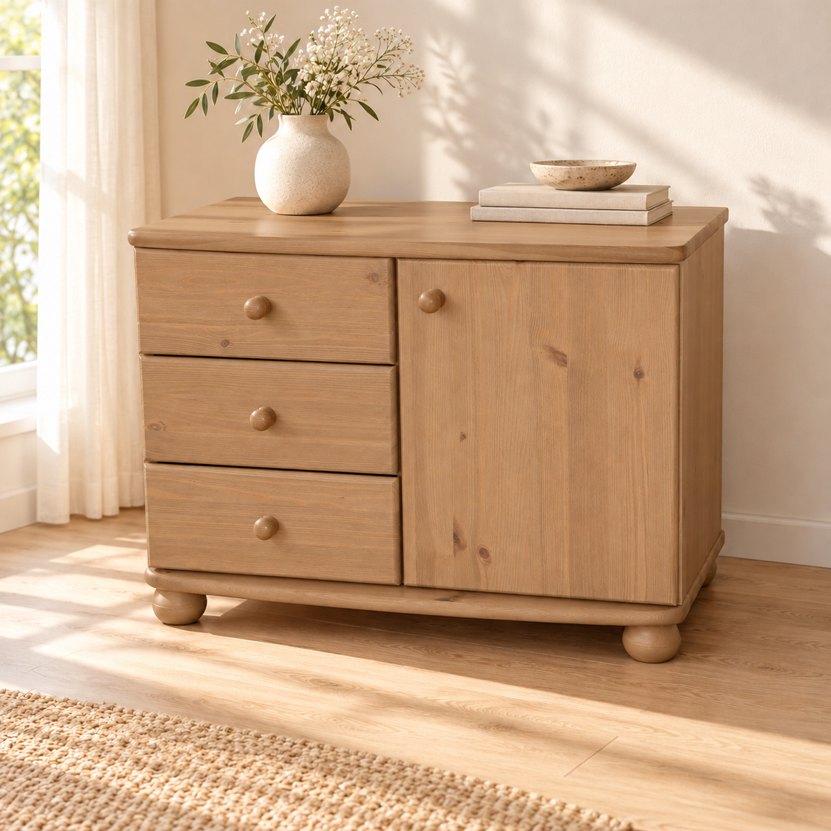 Eva Kommode Sideboard | Anrichte | 1-Türig 3-Schubladen | 100% Bio Massivholz