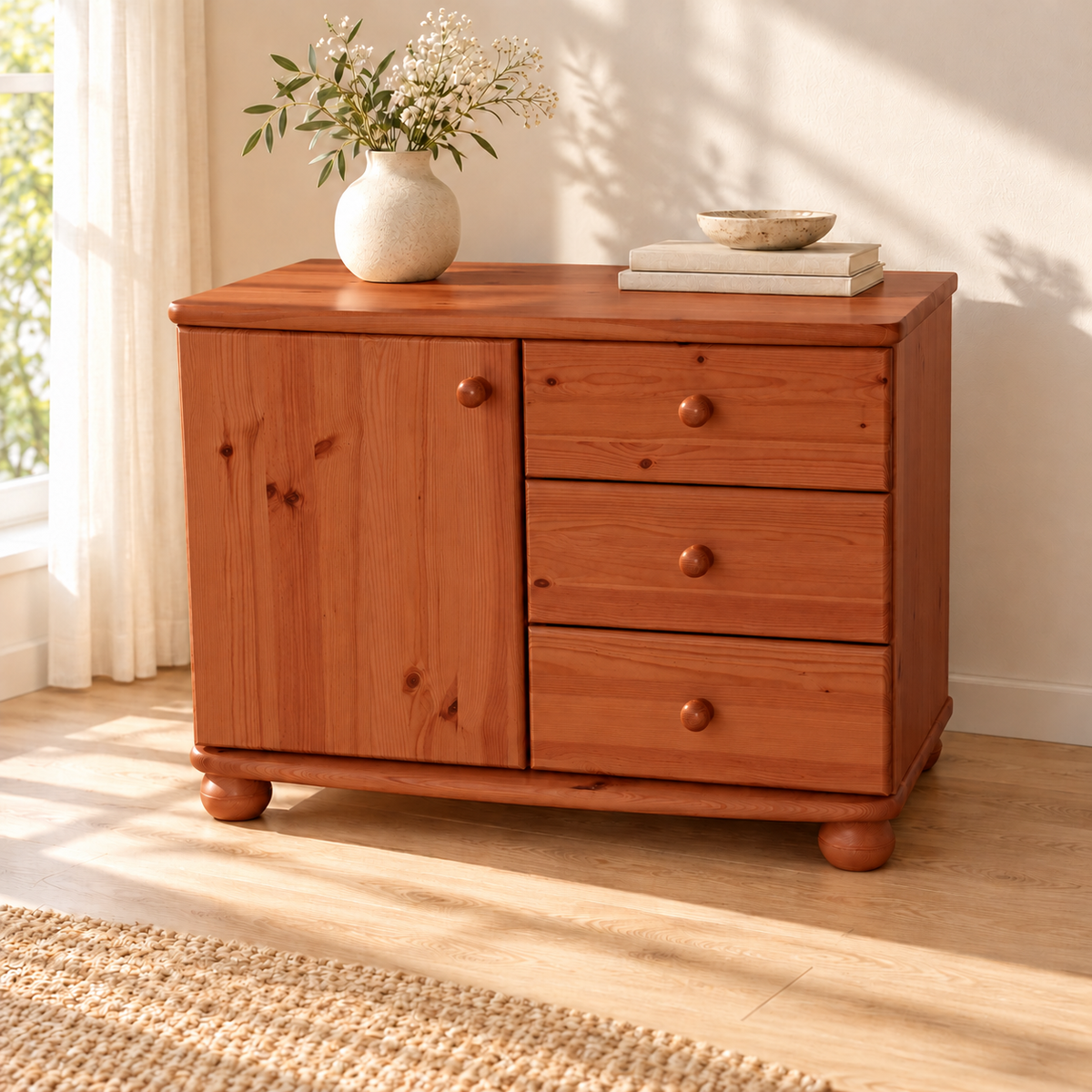 Eva Kommode Sideboard | Anrichte | 1-Türig 3-Schubladen | 100% Bio Massivholz