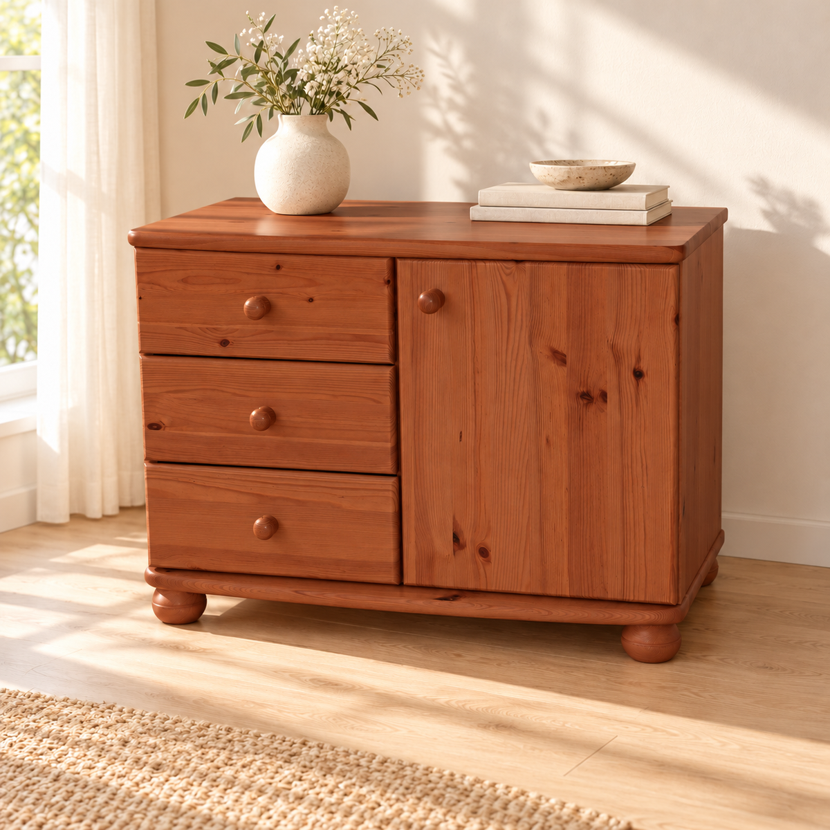 Eva Kommode Sideboard | Anrichte | 1-Türig 3-Schubladen | 100% Bio Massivholz