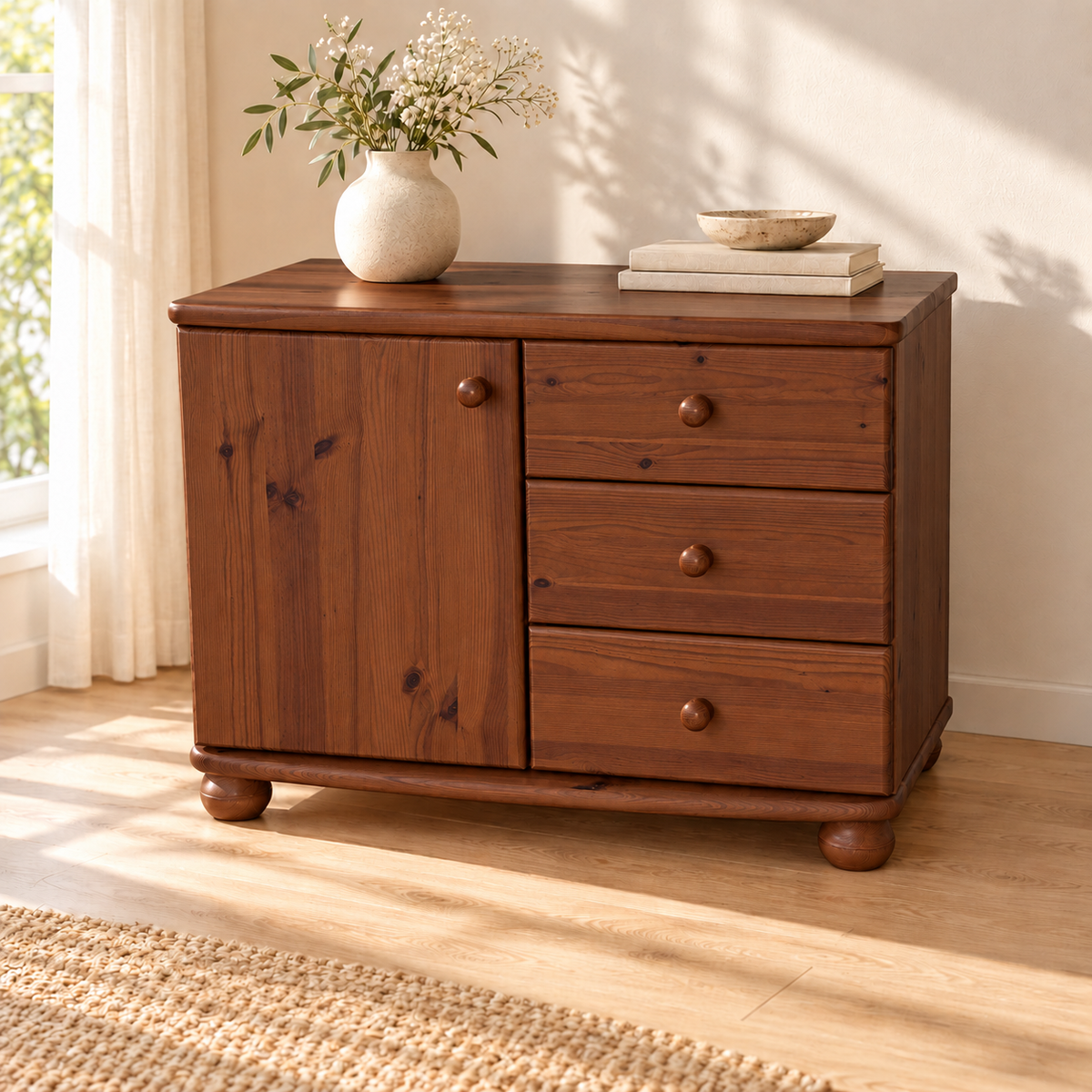Eva Kommode Sideboard | Anrichte | 1-Türig 3-Schubladen | 100% Bio Massivholz