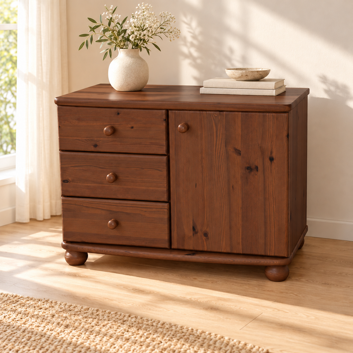 Eva Kommode Sideboard | Anrichte | 1-Türig 3-Schubladen | 100% Bio Massivholz
