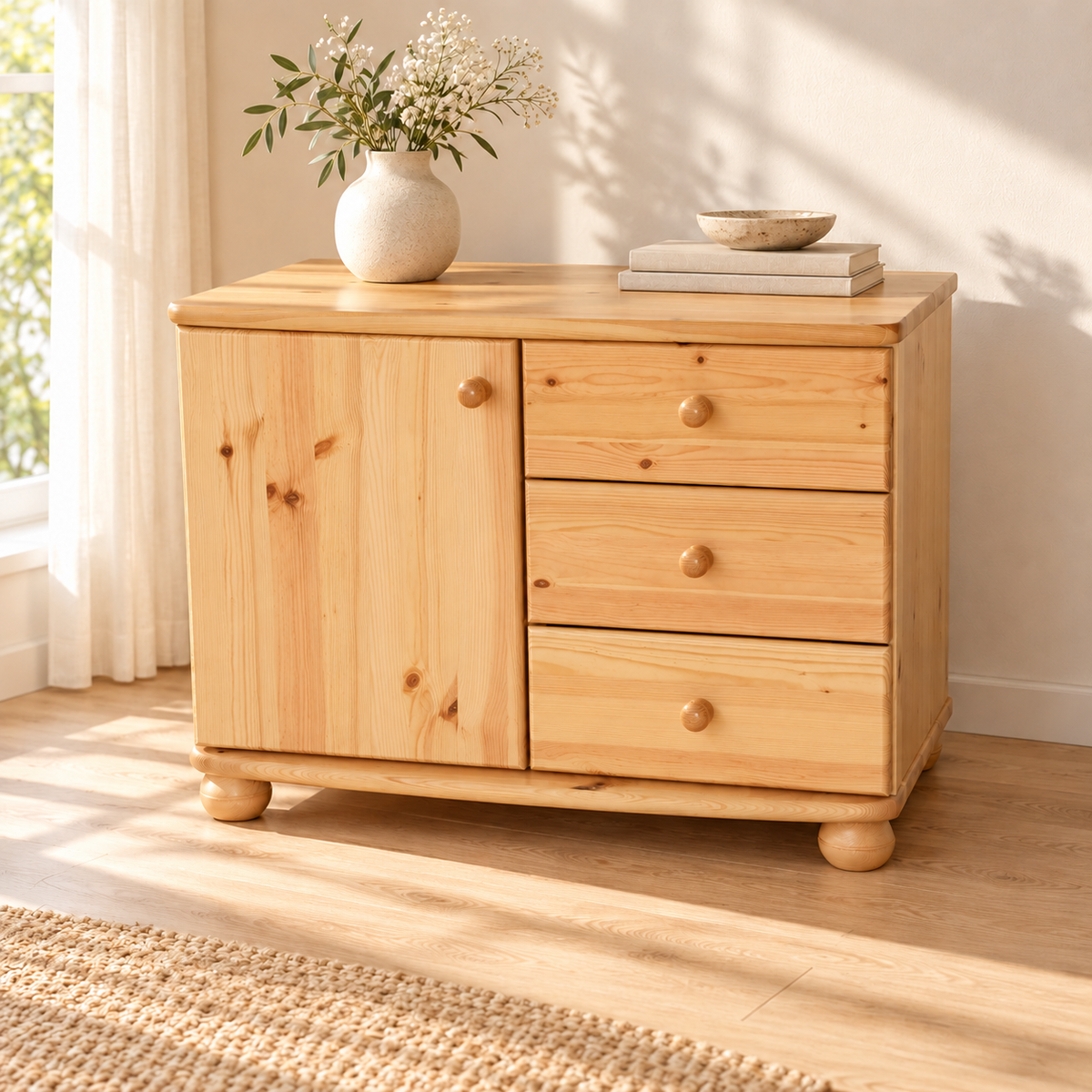 Eva Kommode Sideboard | Anrichte | 1-Türig 3-Schubladen | 100% Bio Massivholz
