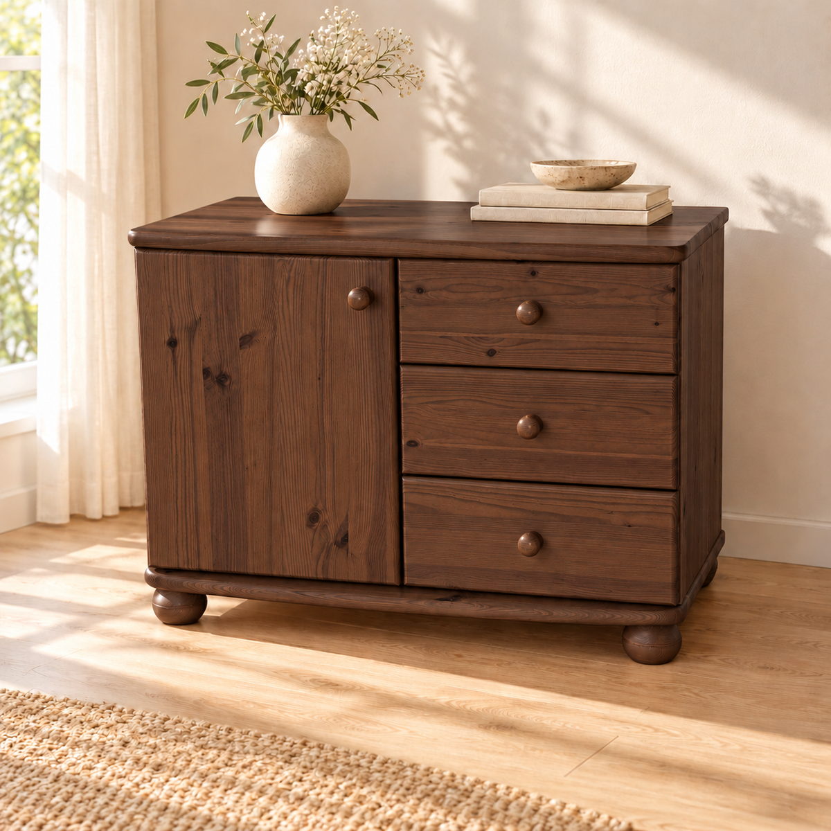 Eva Kommode Sideboard | Anrichte | 1-Türig 3-Schubladen | 100% Bio Massivholz
