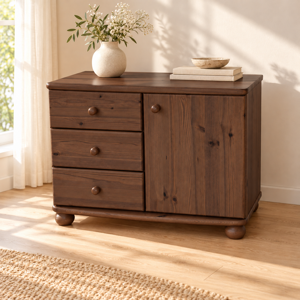 Eva Kommode Sideboard | Anrichte | 1-Türig 3-Schubladen | 100% Bio Massivholz