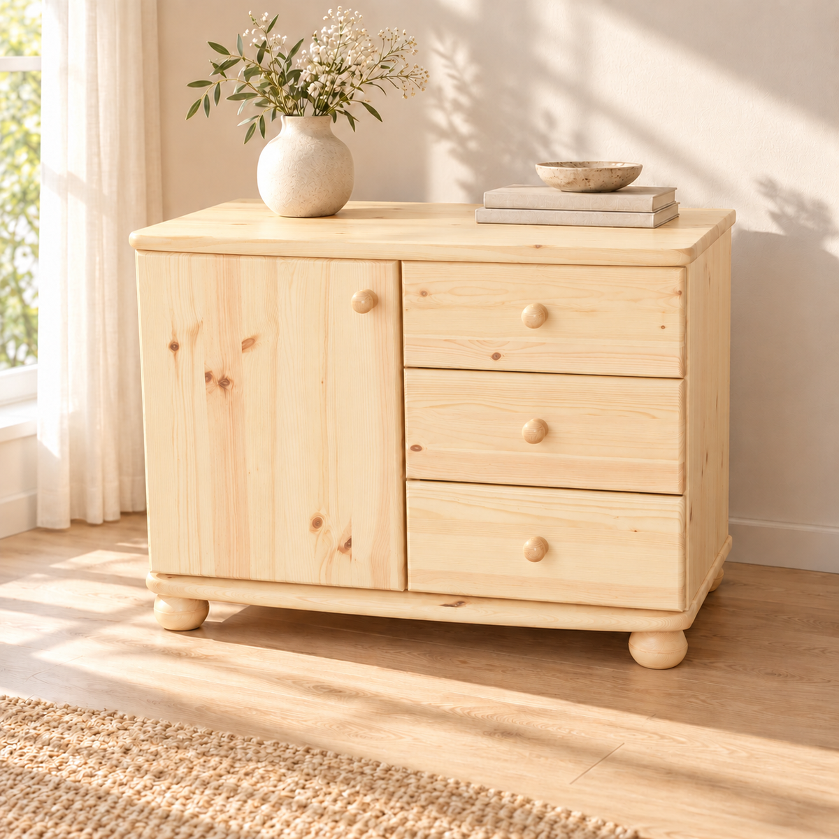 Eva Kommode Sideboard | Anrichte | 1-Türig 3-Schubladen | 100% Bio Massivholz