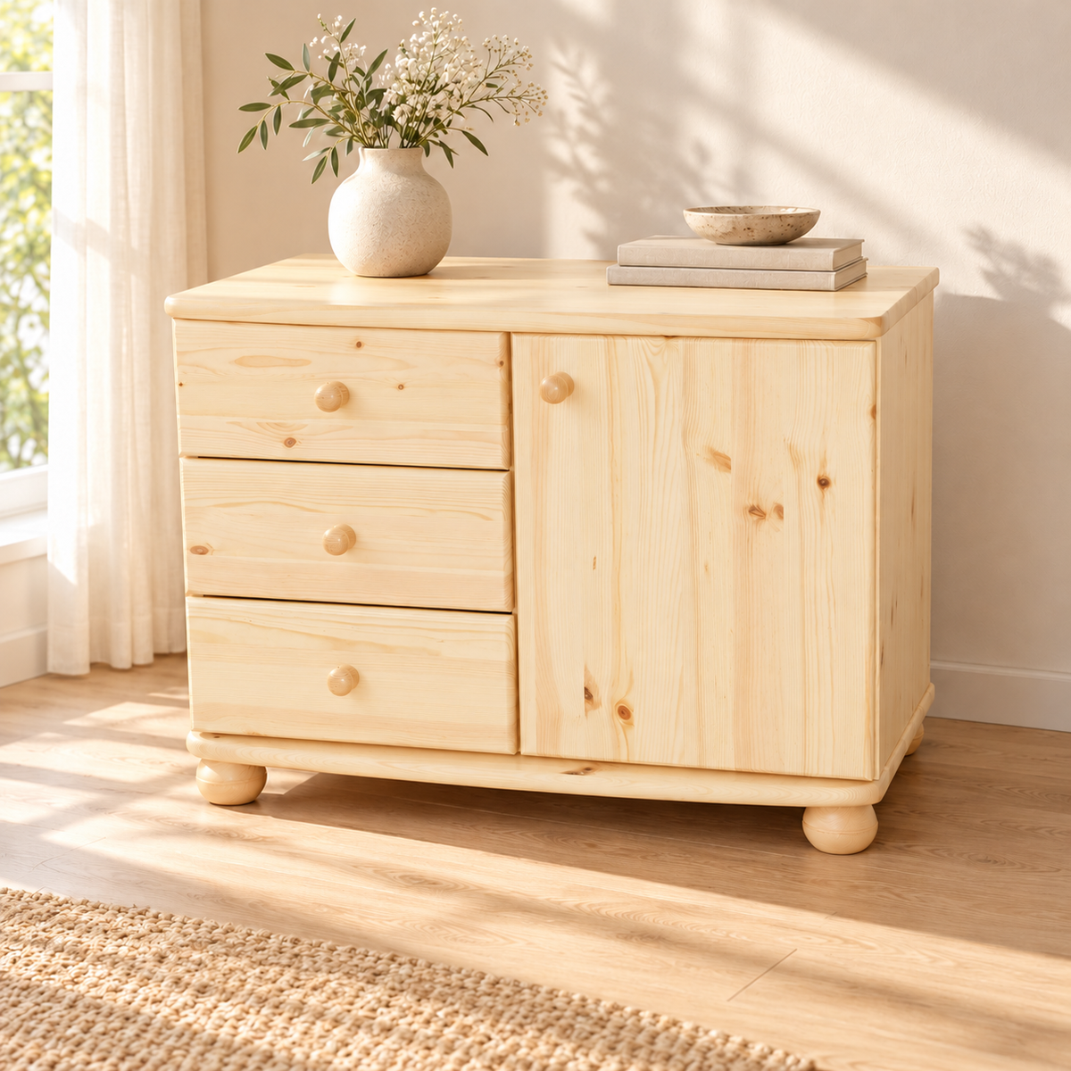 Eva Kommode Sideboard | Anrichte | 1-Türig 3-Schubladen | 100% Bio Massivholz
