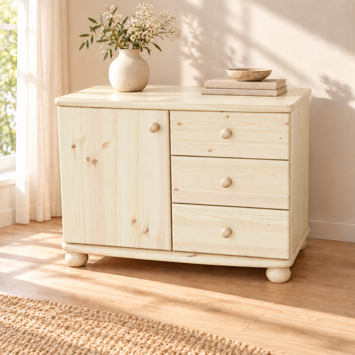 Eva Kommode Sideboard | Anrichte | 1-Türig 3-Schubladen | 100% Bio Massivholz