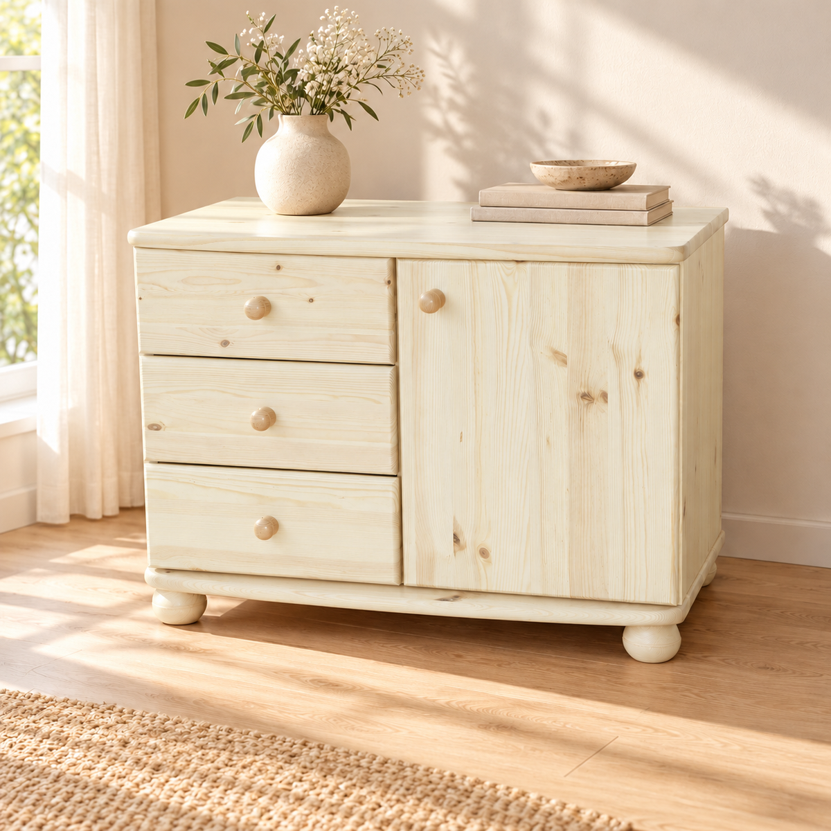 Eva Kommode Sideboard | Anrichte | 1-Türig 3-Schubladen | 100% Bio Massivholz