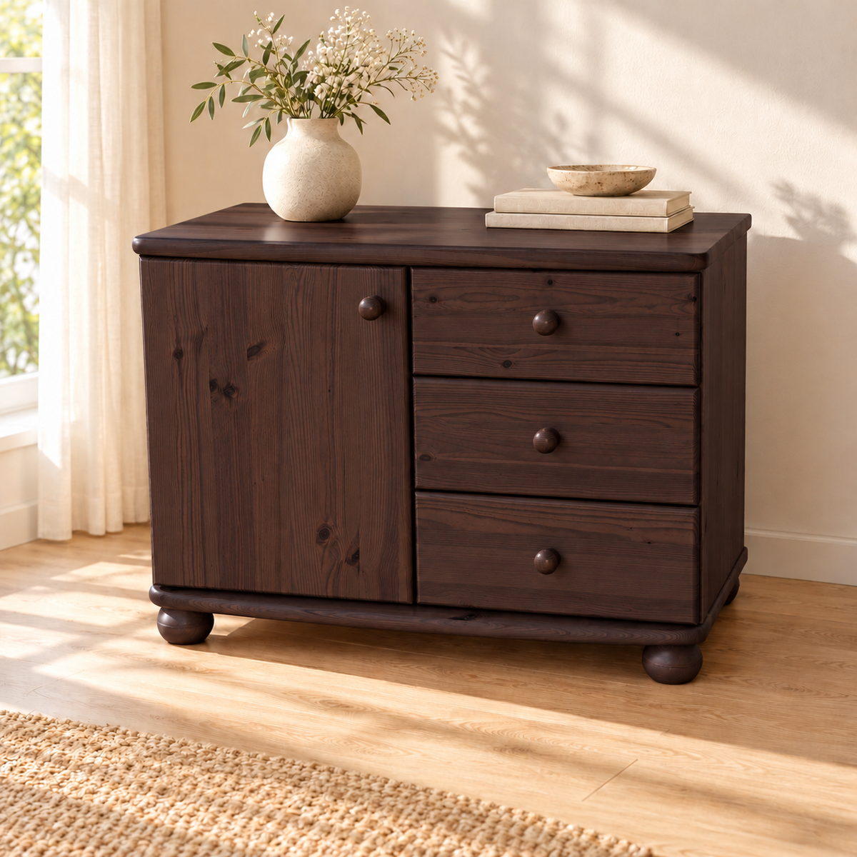 Eva Kommode Sideboard | Anrichte | 1-Türig 3-Schubladen | 100% Bio Massivholz