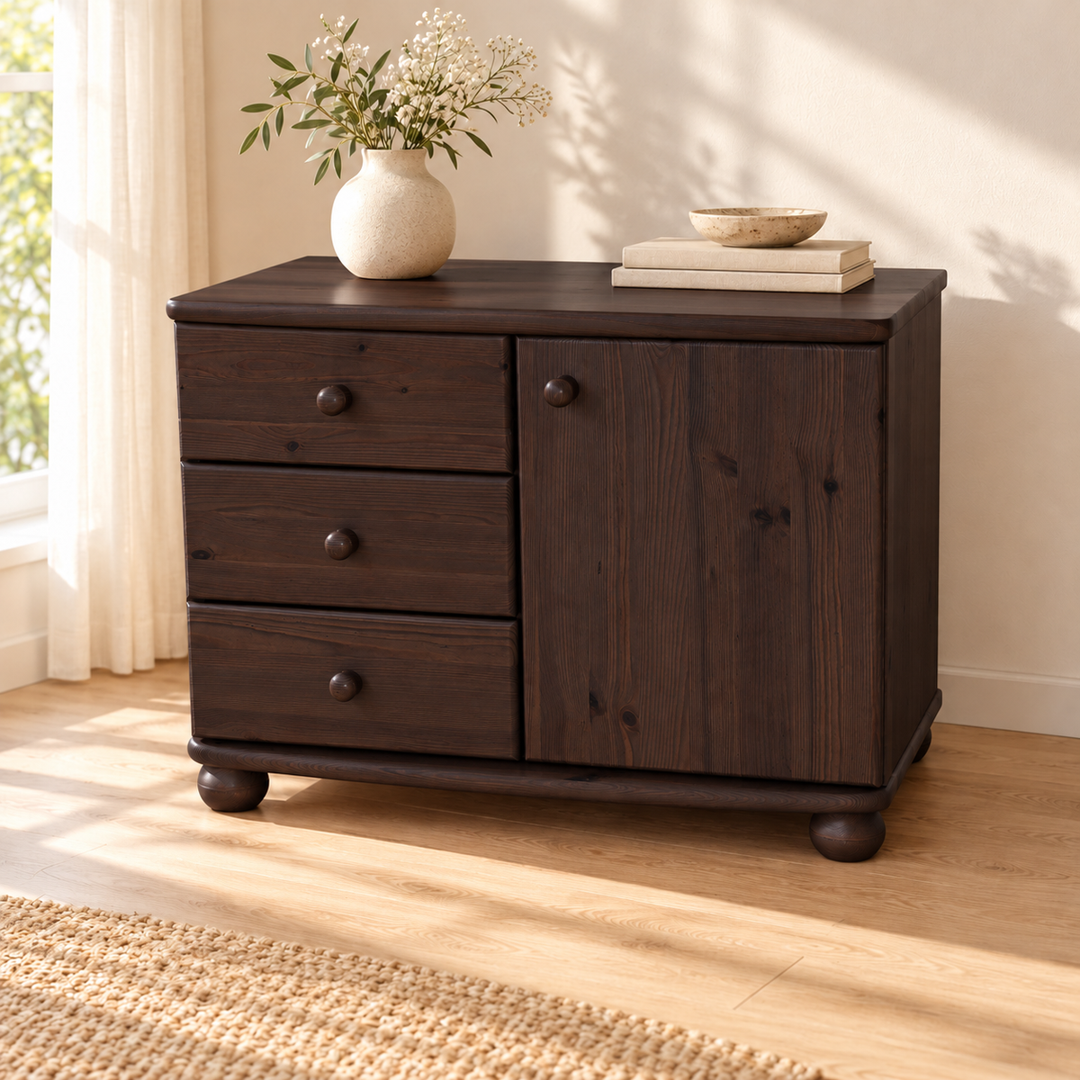 Eva Kommode Sideboard | Anrichte | 1-Türig 3-Schubladen | 100% Bio Massivholz