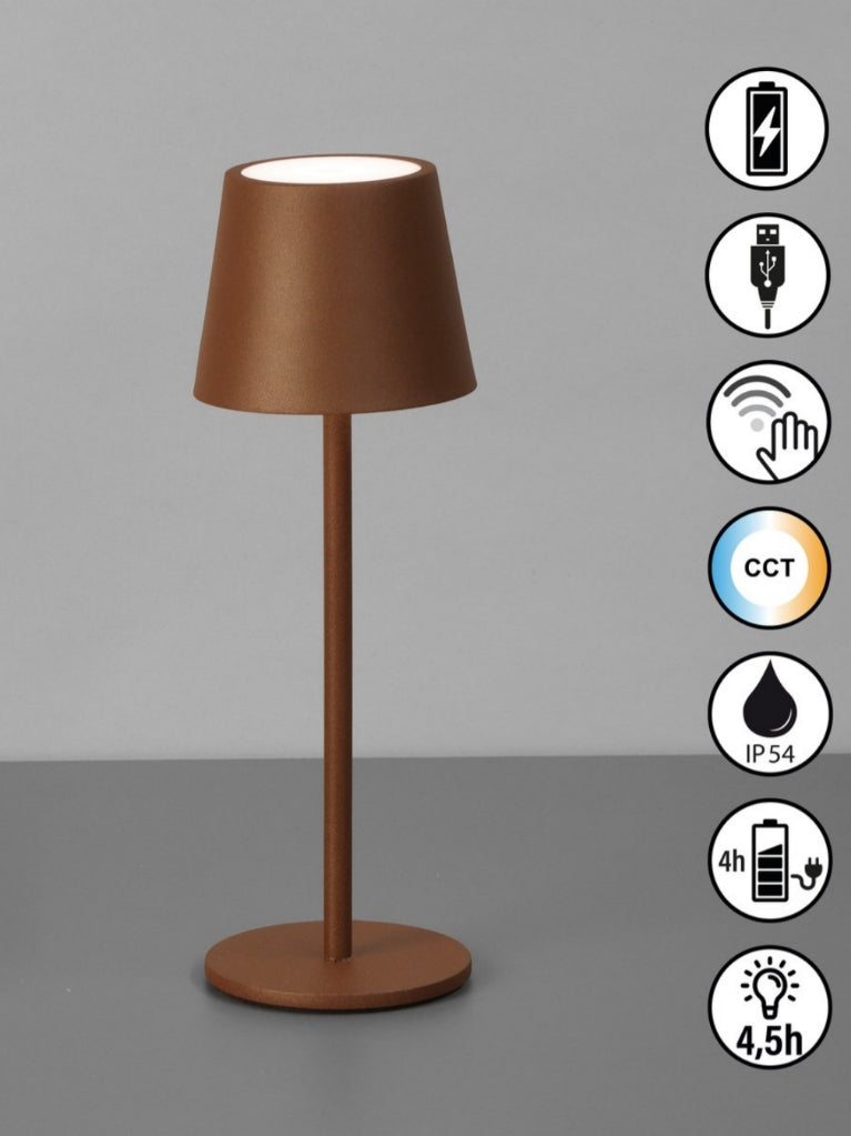 Hochwertige LED Tischleuchte Modell Roxi in Rostfarben, USB Akku, Sensordimmer stufenlos, Farbsteuerung, ca. 27,5 cm hoch - von FISCHER HONSEL