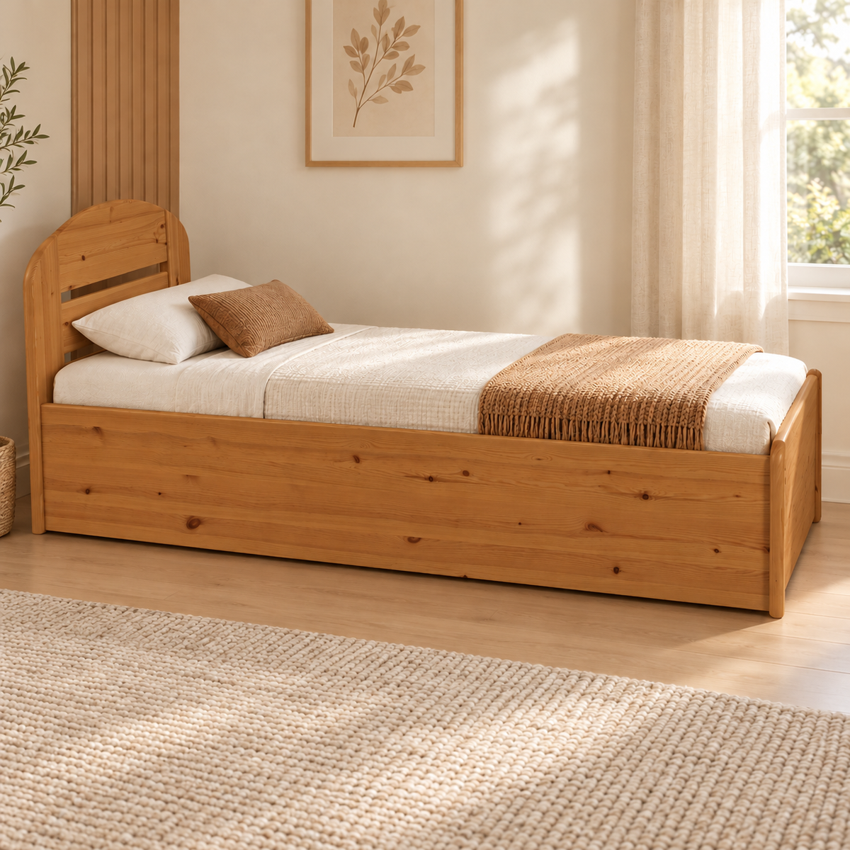 Anika Einzelbett 90x200 Kieferbett mit Bettkasten | Massivholz Einzelbett | 100% Bio-Bett inkl. Lattenrost