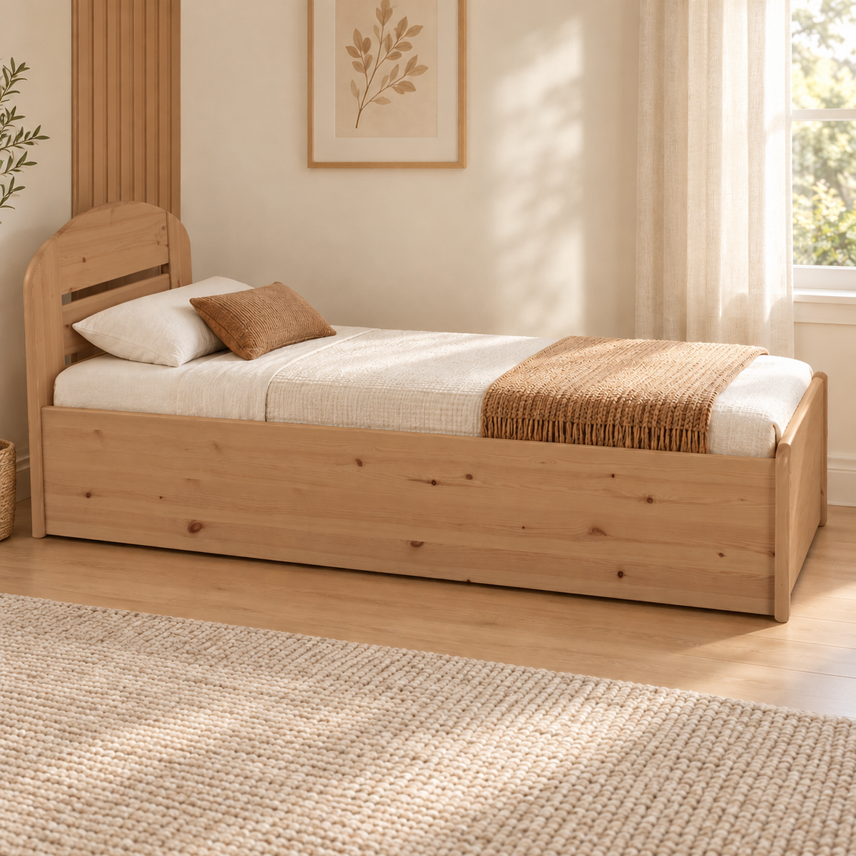 Anika Einzelbett 90x200 Kieferbett mit Bettkasten | Massivholz Einzelbett | 100% Bio-Bett inkl. Lattenrost