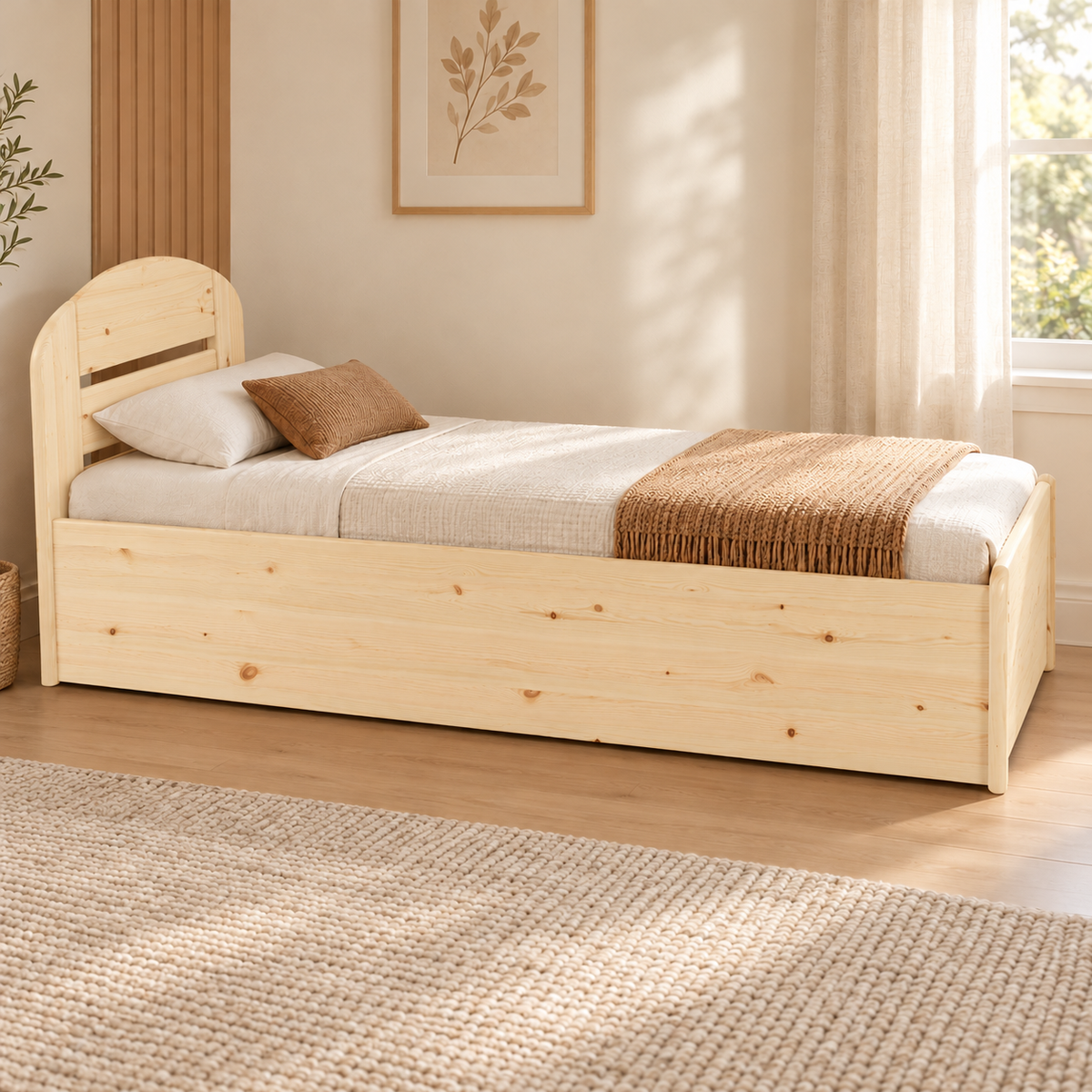 Anika Einzelbett 90x200 Kieferbett mit Bettkasten | Massivholz Einzelbett | 100% Bio-Bett inkl. Lattenrost