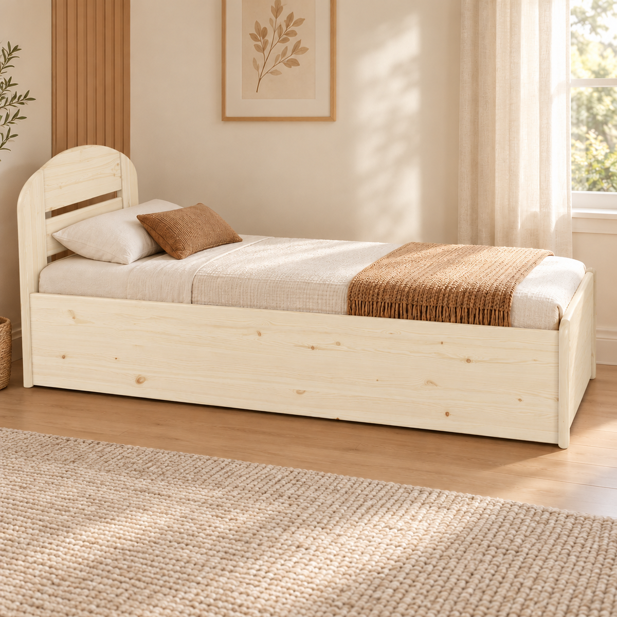 Anika Einzelbett 90x200 Kieferbett mit Bettkasten | Massivholz Einzelbett | 100% Bio-Bett inkl. Lattenrost