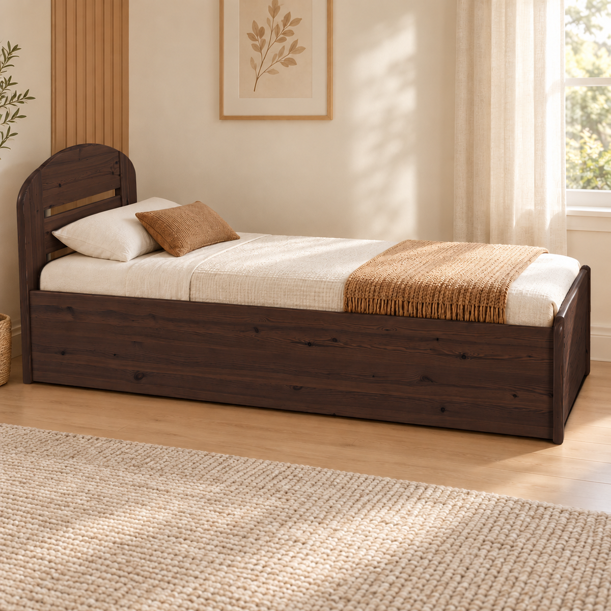 Anika Einzelbett 90x200 Kieferbett mit Bettkasten | Massivholz Einzelbett | 100% Bio-Bett inkl. Lattenrost