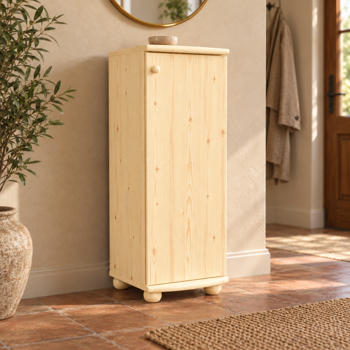 Anika Kiefer Massivholz Kommode mit 1 Tür und 3 Regalfächern aus 100% Bio Kiefer