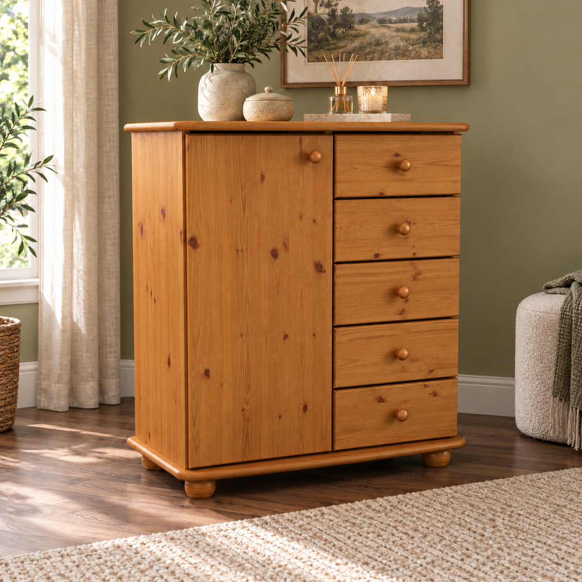 Anika Kommode Bio Kiefer Massivholz | Sideboard mit 5 Schubladen und 1 Tür