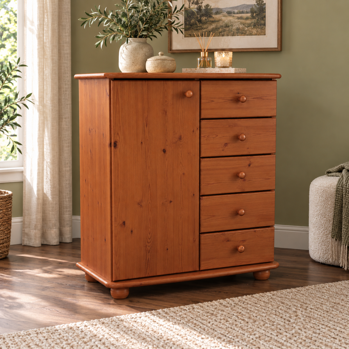 Anika Kommode Bio Kiefer Massivholz | Sideboard mit 5 Schubladen und 1 Tür