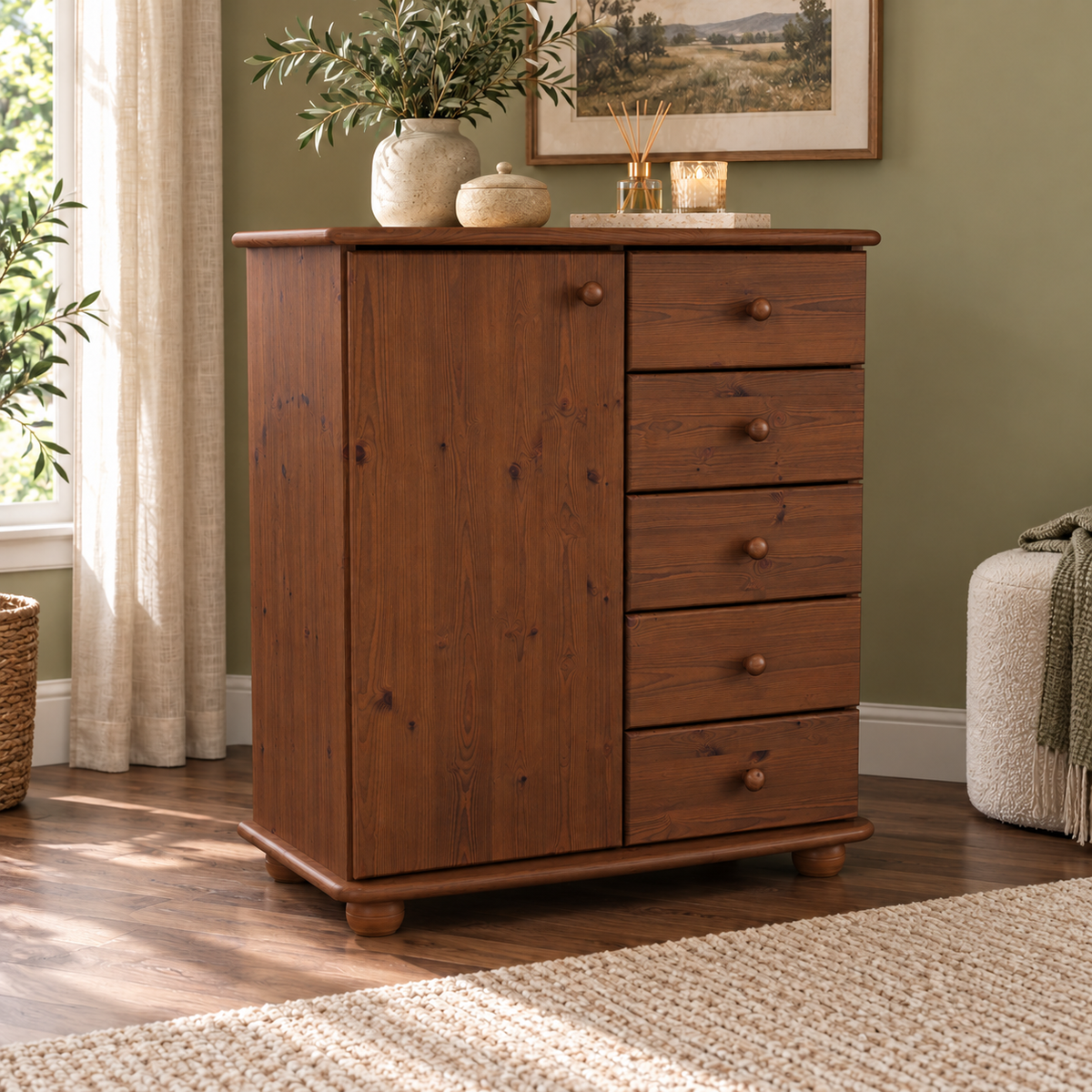 Anika Kommode Bio Kiefer Massivholz | Sideboard mit 5 Schubladen und 1 Tür
