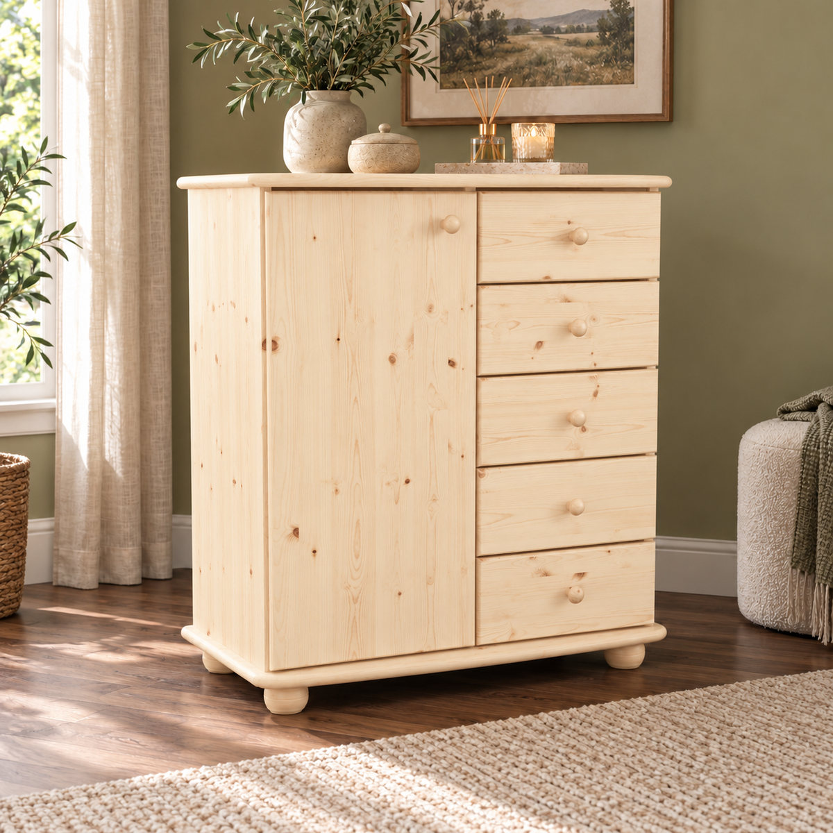 Anika Kommode Bio Kiefer Massivholz | Sideboard mit 5 Schubladen und 1 Tür