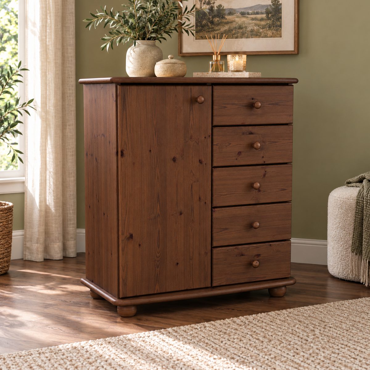 Anika Kommode Bio Kiefer Massivholz | Sideboard mit 5 Schubladen und 1 Tür