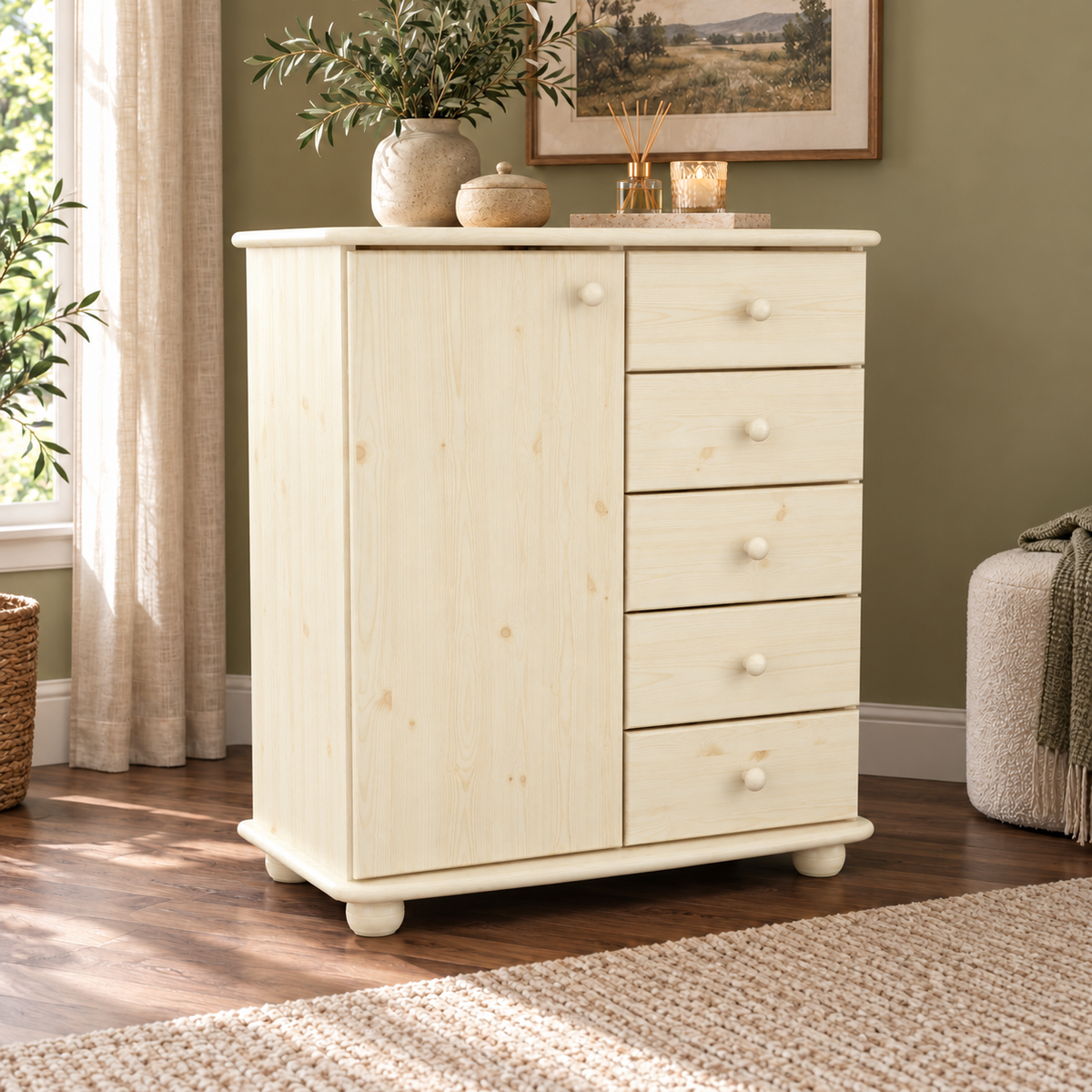 Anika Kommode Bio Kiefer Massivholz | Sideboard mit 5 Schubladen und 1 Tür