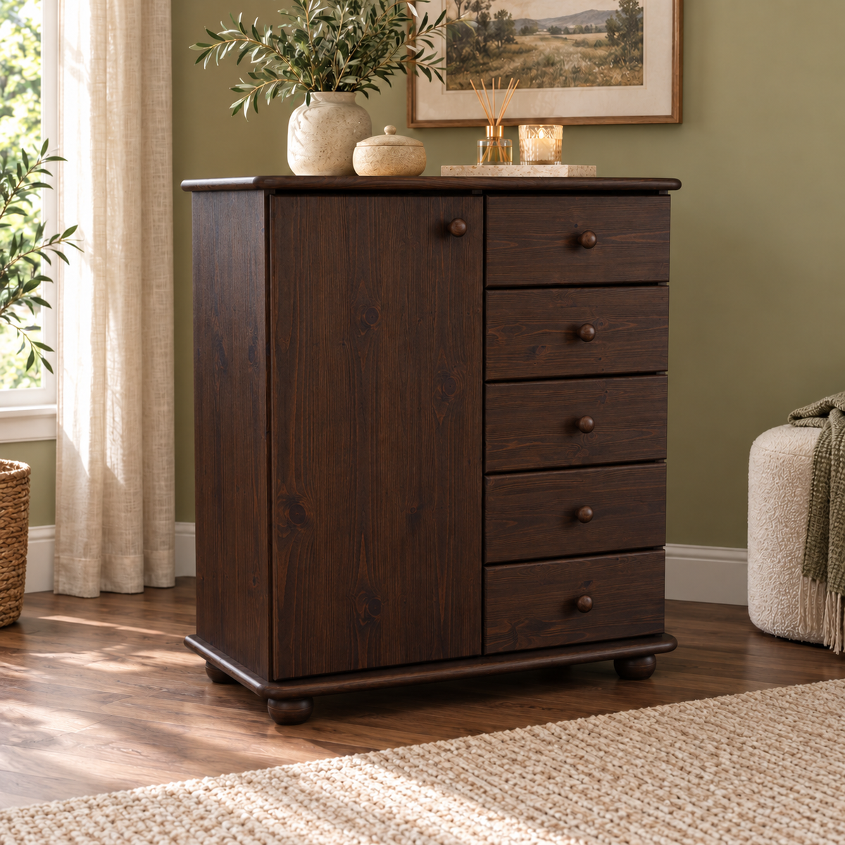 Anika Kommode Bio Kiefer Massivholz | Sideboard mit 5 Schubladen und 1 Tür