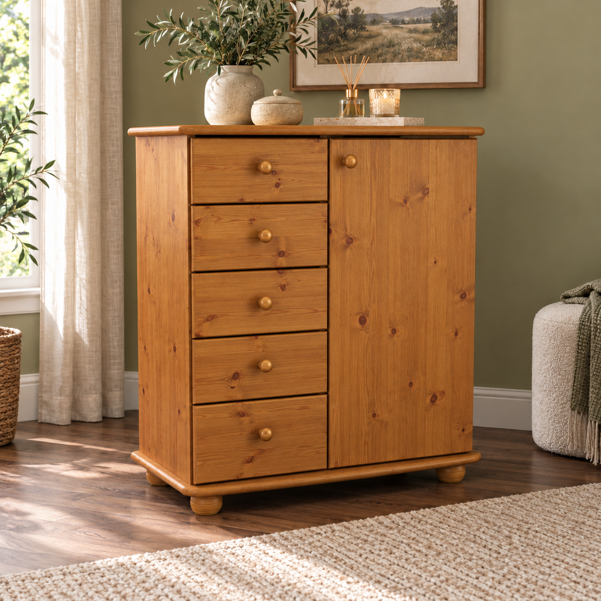 Anika Kommode Bio Kiefer Massivholz | Sideboard mit 5 Schubladen und 1 Tür