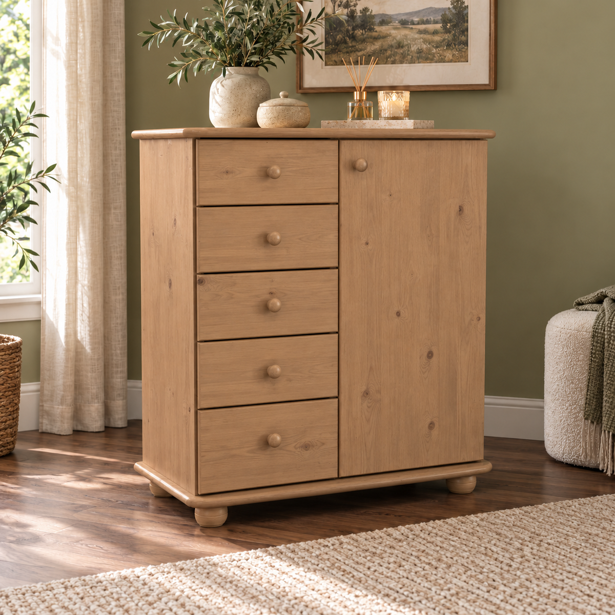 Anika Kommode Bio Kiefer Massivholz | Sideboard mit 5 Schubladen und 1 Tür